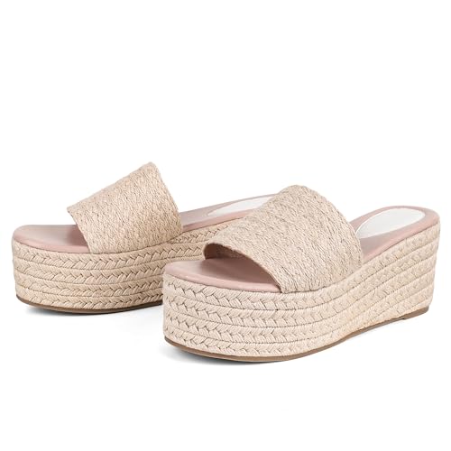 Erocalli Platform Wedge Sandals Espadrille Slide Sandals Slip On High Heel Espadrille Flatform Mules for Women Casual Jute Beach Straw Raffia Sandals