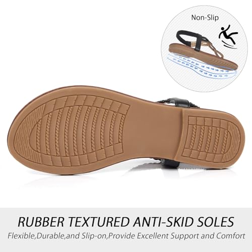 Image of iCKER Womens Braided T‑Strap Flat Sandals Elastic Stretch Ankle Strap | Boho cute casual lightweight and comfort matches dresses for beach vacation