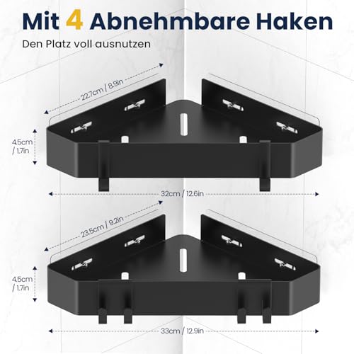 Aikzik Duschablage Ohne Bohren Ecke, Duschregal Aus Metall 2 Stück Duschkorb Selbstklebend Mit 4 Haken, Badezimmer Regal für Dusche Aufbewahrung Shampoo und Duschgel - Schwarz