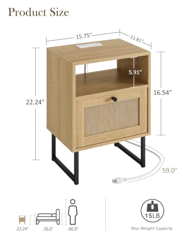 Image of Rattan Nightstand with Charging Station, Boho Night Stand Farmhouse Wood Bedside Table with Storage and Open Shelf, End Side Accent Table for Bedroom,Living Room,Oak