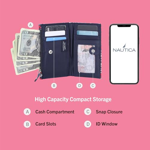 Image of Nautica High Tide Small Wallet for Women, RFID Blocking Slim Credit Card Holder with Zipper Coin Pocket, Bifold Compact Wallet with ID Window, Indigo /Marina
