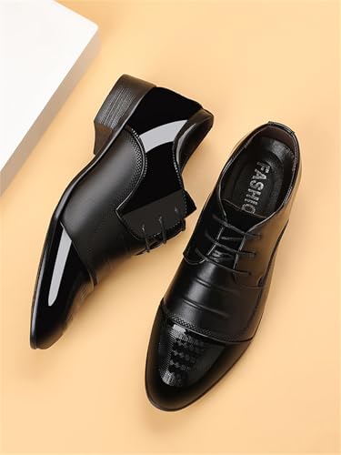 Image of Men's Trendy Patent Leather Tuxedo Dress Shoes Cap Toe Lace up Formal Business Oxfords Wedding Prom