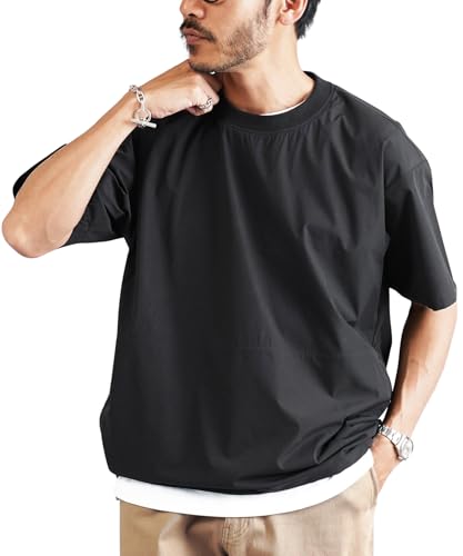 [JIGGYS SHOP] ジギーズショップ ポリエステルタフタコードシャーリング半袖プルオーバー｜半袖Tシャツ メンズ スポーツ アウトドア アクティブ クルーネック ウォームアップ 無地 ナイロン シンプル 大人 カジュアル 黒 軽い 薄手 夏服