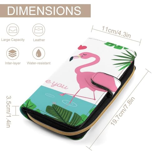 Nugier Women Soft PU Leather Wallet, Zipper Card Case Clutch Credit Bills Money Crash Coin 7.8x4.3x1.4 in Holder Purse Print Two Pink Flamingo Love Palm Trees2