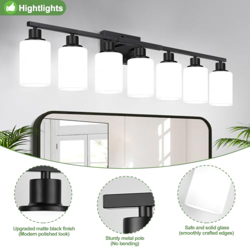 Image of Indoi 7-Light Bathroom Light Fixtures, Matte Black Modern Vanity Lights with Milky White Shades, Bathroom Wall Lamp for Mirror Living Room Cabinet Bedroom Porch