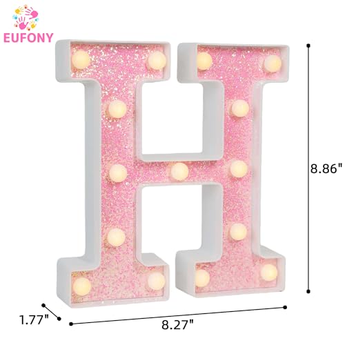 Image of Pink Glitter Marquee Light Up Letters, Battery Operated LED Letter Lights Signs for Pink Birthday Party Table Decorations, Wall Decor for Girls Bedroom, Initial Letter H with Warm White Lights