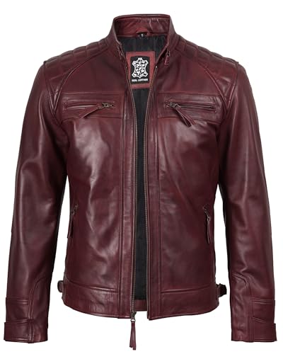 Image of fjackets Mens Leather Jacket Moto Style Real Lambskin Leather Jacket, Quilted Cafe Racer Classic Zip Up Biker Jacket for Men