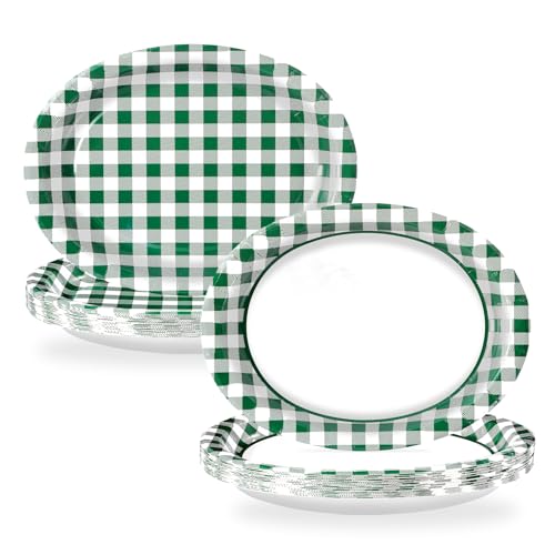 50 Stück grüne Vichy-Pappteller, oval, 25,4 x 30,5 cm, groß, Einweg-Pappteller, strapazierfähig, grün und weiß, Büffelkariert, Dessertteller, Teller für Herbst, Grillen, Geburtstag, Abendessen