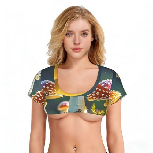 Womens Sexy Stripper Top Cleavage Cover Up Mini Crop Tank Top Tiny Slutty Tops Colorful Mushroom...