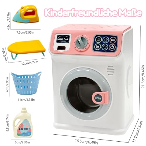 BAYMI Waschmaschine Kinder - Elektronische Kleine Waschmaschine mit Rotierender Trommel und Realistischen Geräuschen, Spielzeug für Kinder ab 3 Jahren (Rosa)