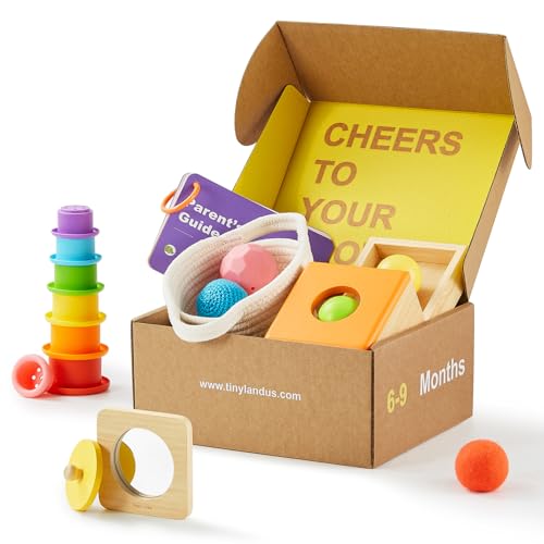 Image of Tiny Land Montessori Toy Set for Babies 6-9 Months - 4-in-1 Wooden Learning Toys with Object Permanence Box, Sensory Ball & Treasure Basket, Stacking Cups and Mirror Puzzle