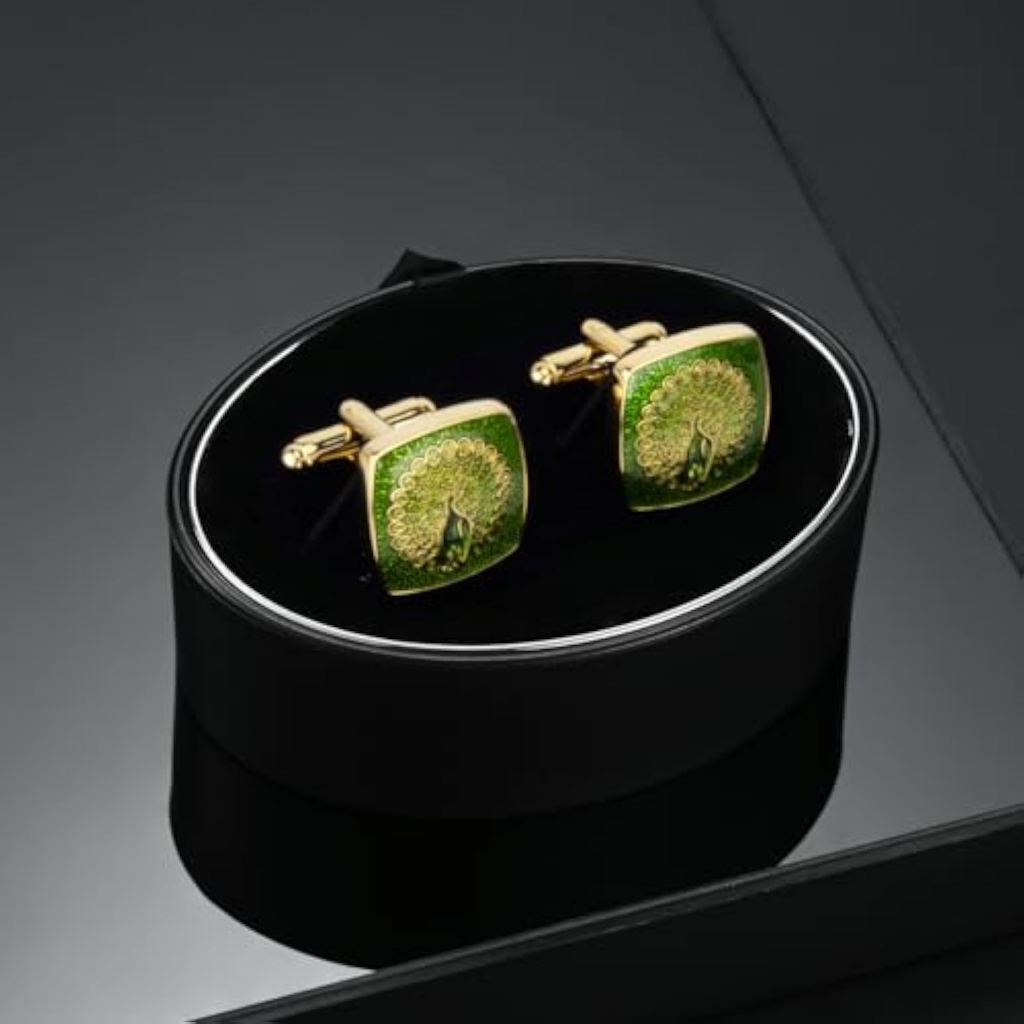 Men's Enamel Cufflinks Green Peacock Design, Gift Box