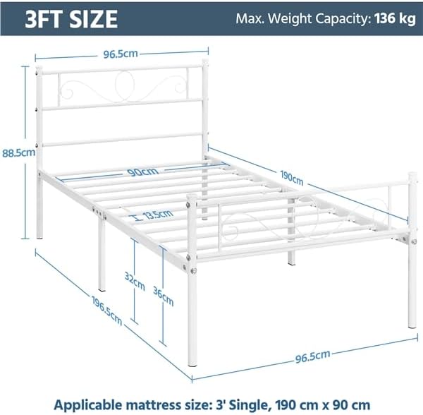Diagram showing the dimensions of the Yaheetech Single Bed Frame: 196.5 cm length, 96.5 cm width, 88.5 cm height, 32 cm under-bed clearance. Max weight capacity 136 kg.