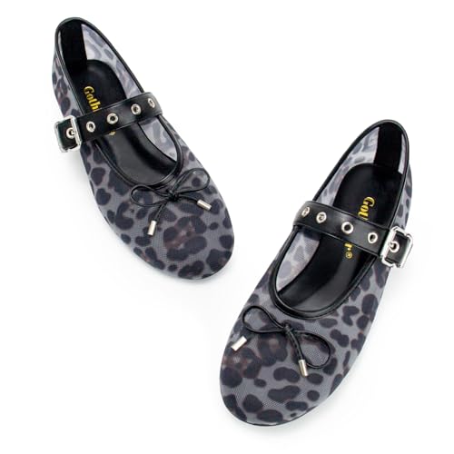 Image of Gothictor Women's Mesh Ballet Flats Round Toe Leopard Mary Jane Shoes Women | Cushioned Comfort, Easy to Style, Buckle Strap, Cheetah Print, Ballerina, Breathable, Wide Width, Non-Slip, Dressy Casual