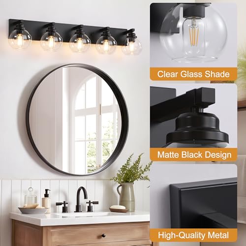 Image of LmnLvn Farmhouse 5-Light Vanity Light, Matte Black Metal with Glass Shade