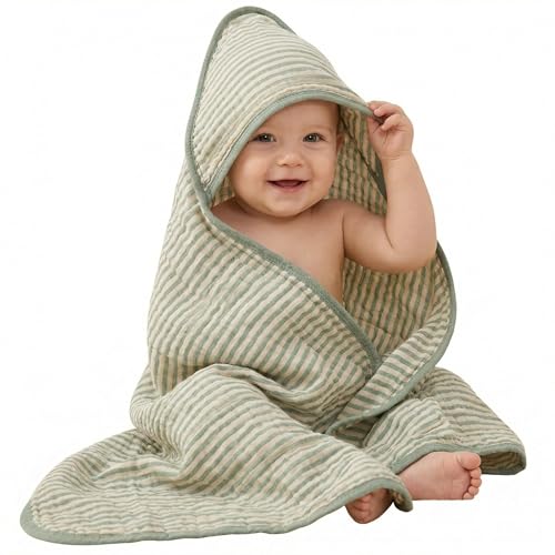 Image of Ultra-Soft Muslin Baby Towel - 32 x 32 Inches, Ideal for Bath & Beach, Suitable for Both Boys & Girls from Newborns to Toddlers (Sage Green Stripes)