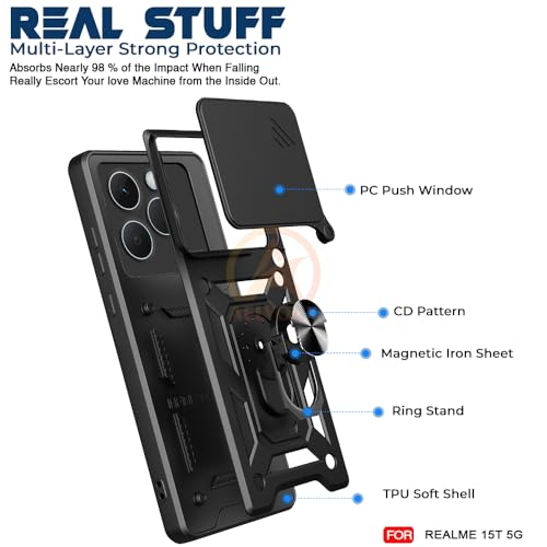 Image of Armor Bumper Back Cover Case for Realme 15T 5G Rotating Camera Cover, Ring Holder & Kickstand | Heavy Duty & 360 Degree Protection Realme 15T 5G Back Cover (Black)