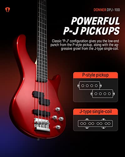 Donner Electric Bass Guitar 4 Strings Full-Size Standard Bass PJ-Style Electric Bass for Adults with Free Online Lesson,Gig Bag Guitar Strap and Guitar Cable Included, DPJ-100, Red