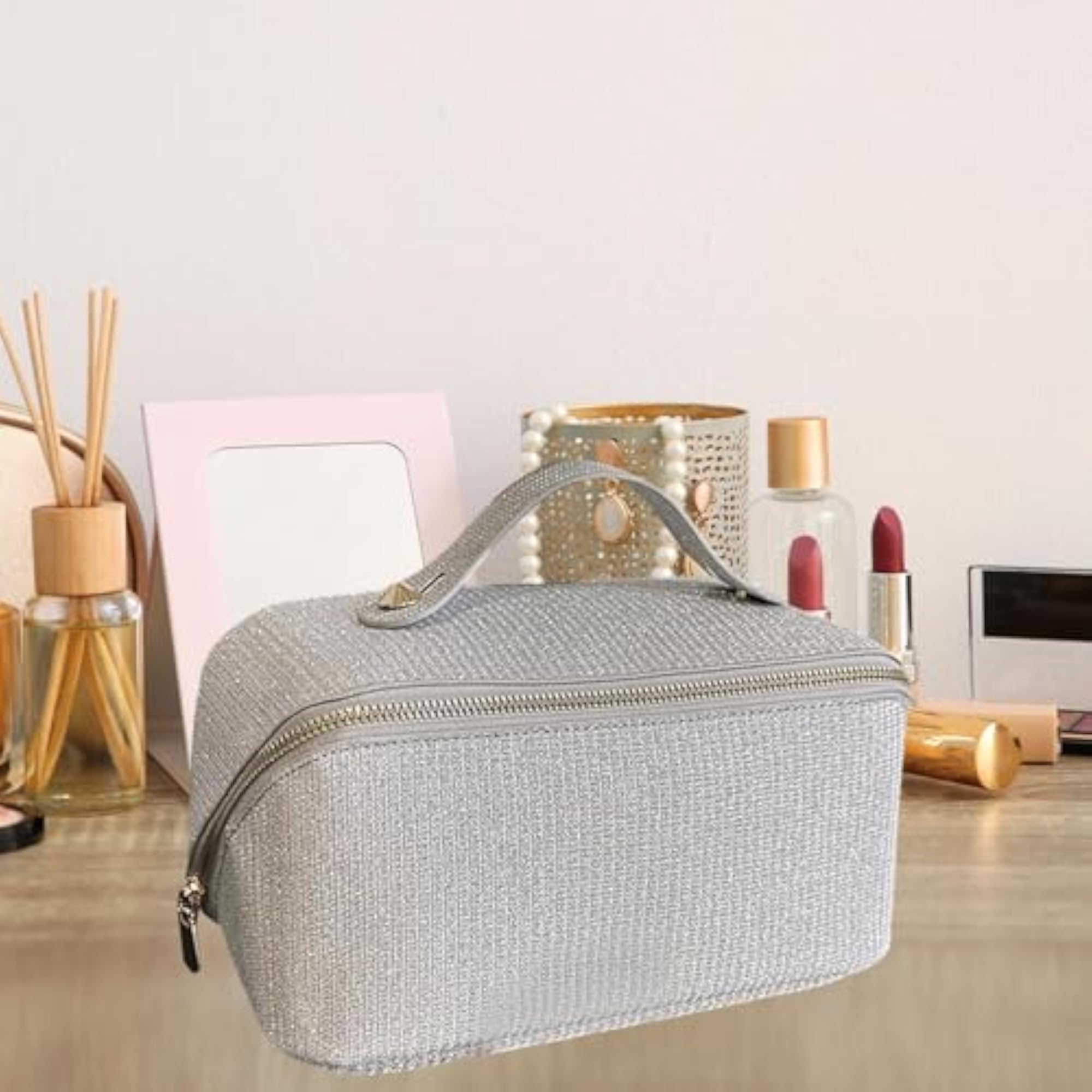 Open Flat Toiletry Bag for Toiletries and Hair Accessories, Argent