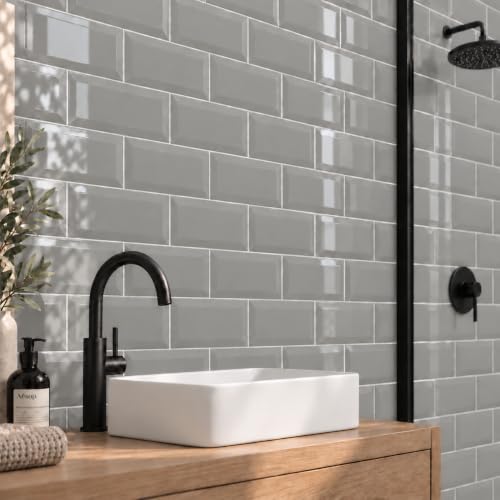 Image of Metro Light Grey Ceramic Wall Bathroom Tile Subway Brick Effect 100mm x 200mm Bevelled Edge Kitchen Tiles Gloss Finish 1m2 Box of 50