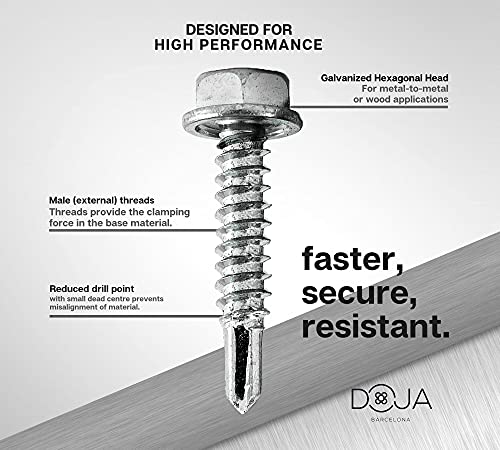 DOJA Industrial | Sechskant Bohrschrauben 6,3x25 + Magnet-Bohrbuchse Innensechskant M10 | PACK 100 Selbstschneidende Schrauben+1 Sechskant Bit Steckschlusselsatz | Blechschrauben ohne Dichtscheibe