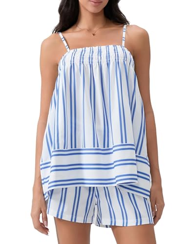 Image of Wyeysyt Women 2 Piece Lounge Set Striped Pajama Set Ruffle Hem Cami Tops and Stripe Boxer Shorts Pj Set Sleepwear
