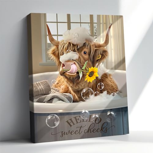 Stampa artistica da parete per bagno con mucca delle Highland 30,5 x 40,6 cm, stampa su tela divertente con mucca sul WC, stile rustico, stile moderno, bagno