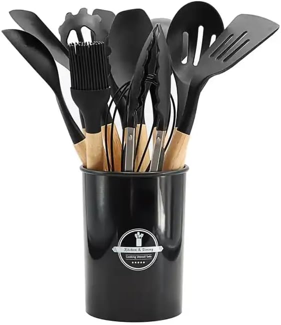 Miniatura 7 de KVIR - Juego de utensilios de cocina de silicona de 12 piezas, apto para cocina y resistente al calor, incluye espátula, pinzas, cucharón, cepillo,