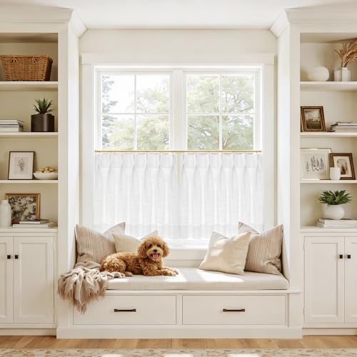 Image of TWOPAGES 26 inch inch W x 18 inch inch L Linen Blend Cafe Curtains for Kitchen Window, Light Filtering Pinch Pleated Tier Curtains, Modern Farmhouse Half Window Curtains for Small Window, Snow White, 2 Panels
