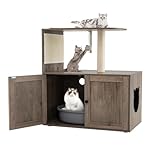 COSTWAY Cat Tree with Litter Box Enclosure, 2 in 1 Cats House with Sisal Scratching Post & Mat, Dangling Ball, Wooden Cat Tower Hidden Kitty Washroom
