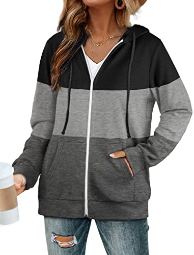 Bofell Zip Up Hoodie For Women Oversized Tunic Sweaters For Women Long Sleeve Shirts Color Block Gray Xl #TOP20