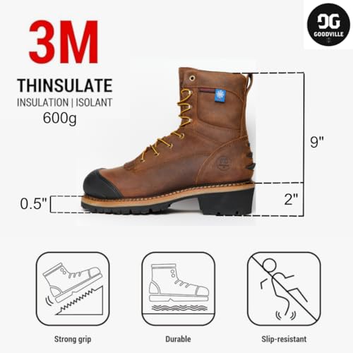 GOODVILLE Men's Catskill-Series 9" Composite Toe 600G Insulated Waterproof Logger Work Boots for Men, ASTM-F2413 EH-Rated, Lace Up Industrial and Construstion Work Shoes with Oil and Slip Resistant Outsole, Durable, Quick Dry, Comfortable, Brown - LS102WI4