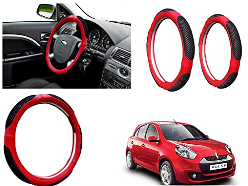 Image of Microfiber Car Steering Wheel Cover, Soft Padding Great Hand Feel, Anti-Slip, Faux Leather Steering Cover for Renault Pulse | Black Red Jali - Pack of 1