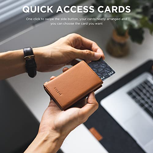 Image of VULKIT Card Holder Wallet with Coin Pocket Magnetic Closure Pop Up Cards With ID Window Leather Wallet for Cash & Credit Cards, Top Grain Cowhide - Brown, One Size, Minimalist