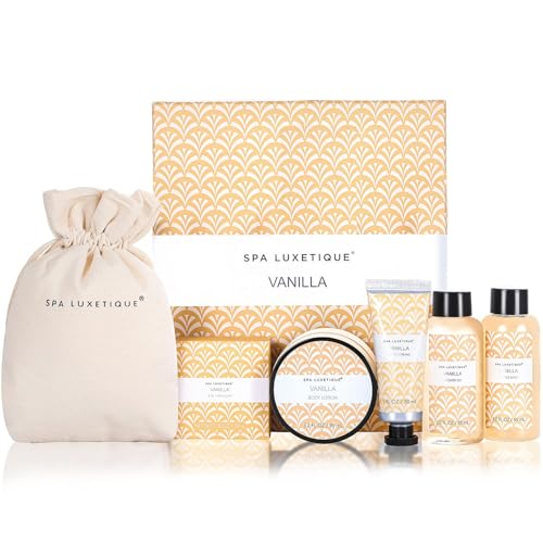 An image depicting Spa Luxetique Spa Gift Set, 6pcs Vanilla Bath Gifts for Women, Travel Gift Box with Hand Cream, Body Lotion, Shower Gel, Bubble Bath, Mothers Day Gifts, Christmas Gifts for Her