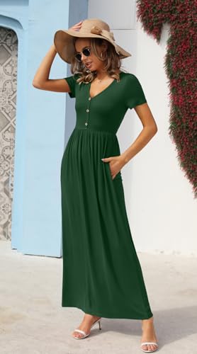 Image of GRECERELLE Womens Summer Long Maxi Dresses 2026 Short Sleeve V Neck Casual Button Dress with Pockets