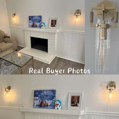 Image of Modern Gold Glass Wall Sconces,15'' Knurled Brass Sconce, Bathroom Wall Sconce, Gold Bathroom Vanity Lights, for Living Room, Bedrooms, Fireplace, Staircases, Include Bulb