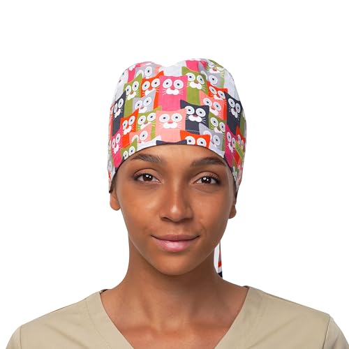 Image of Hats for Women and Mens Caps with Sweatband Adjustable Tie Back Working Cap Cotton One Size Unisex Skull Cap Cute Cat Print