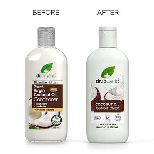 Dr Organic Coconut Oil Conditioner, Normal & Dry Hair, Natural, Vegan, Cruelty-Free, Paraben & SLS-Free, Recyclable & Recycled Ocean Bound Plastic, Certified Organic, 265ml, Packaging may vary