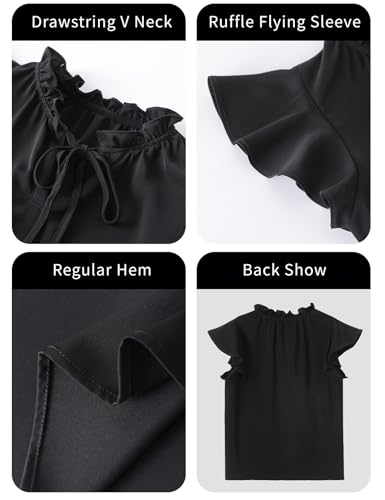 Image of Teen Girls Black Flying Short Sleeve Shirts, Ruffle Chiffon Kids Summer T Shirt Blouse, Casual Cute V Neck Girls Black Top Tees, Size 13-14 Years