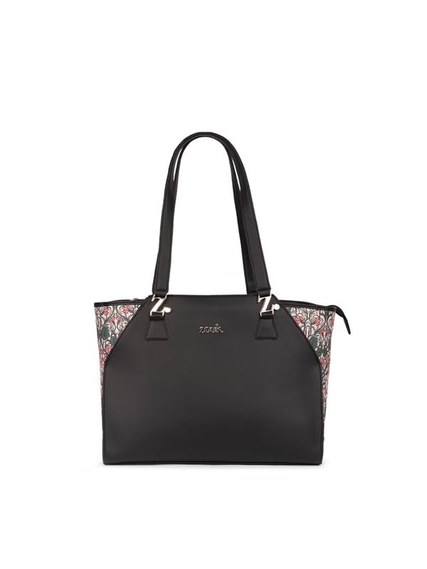 Image of ZOUK Printed Jute Handcrafted Vegan Leather Black Women's Check-point Friendly Classic Business Bag