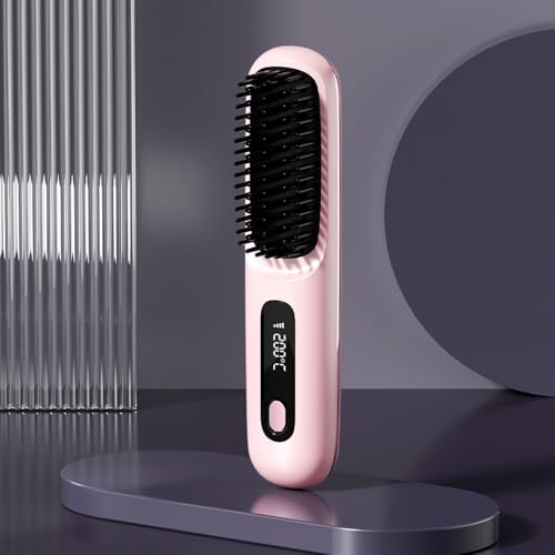 Cepillo alisador 2 en 1 con iones y LCD rosa miniatura 1