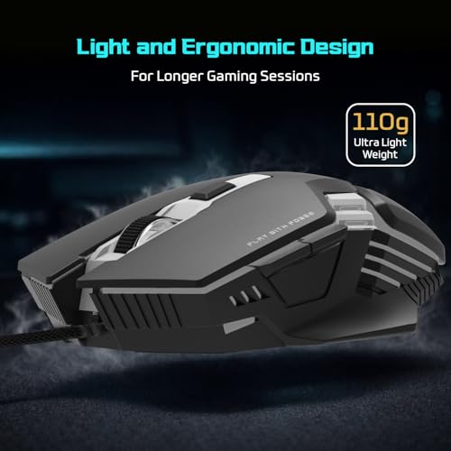 Image of EvoFox Starter Series Spectre USB Wired Gaming Mouse with Upto 3600 DPI Gaming Sensor | 6 Buttons Design | Upto 7 Million Clicks | 7 Colours Rainbow Lighting | 1.5m Braided Cable (Black)