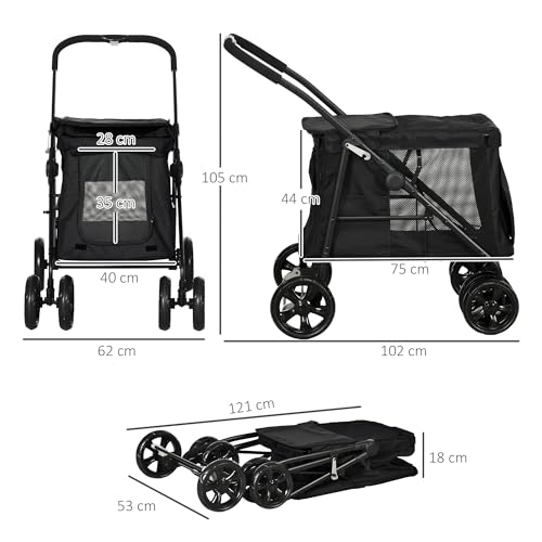 PawHut Hundewagen, faltbarer Hundebuggy, Hundetrolley mit Kissen, Katzenbuggy bis 20 kg, Katzenwagen für kleine und mittelgroße Hunde mit Seitentaschen, Netzfenster, Oxford-Gewebe, Schwarz