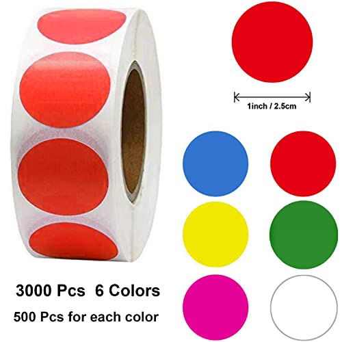 3000 Pcs 1" Colored Dot Stickers Round Color Coding Labels Circle Dot Stickers Labels Color Round Labels For Diy Crafts, Office, Student Classroom (6 Rolls,500 Dots/Roll) #TOP1