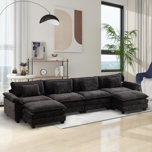 OQQOEE Modular Sectional Sofa, Cloud Couch with Ottoman, Deep Seat L Shaped Chenille Sofa Couches for Living Room Apartment (Black, U-Shaped & 2 Ottoman)