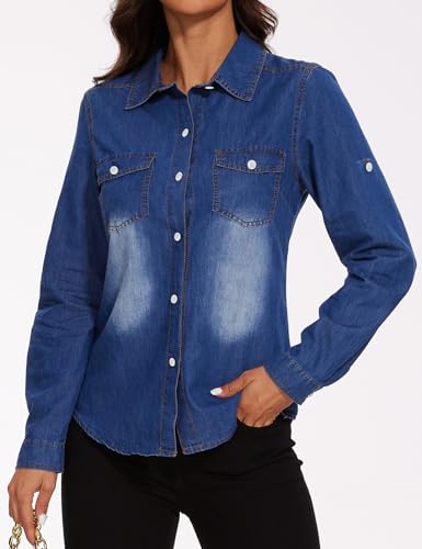 Women Jean Blouses Fall Top Long Sleeve Shirts Casual Denim Blouse Plus Size2