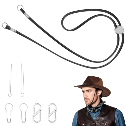 Yumxio 100% Genuine Leather Hat Chin Strap, Adjustable Stampede Strings for Cowboy Hats, Straw Hats with Metal Clips - Windproof for Hiking, Horseback Riding, Outdoor Activities (Black-New)
