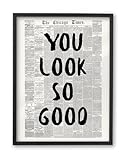 iHery Small Premium Natural Black OAK Wood 8x10in You Look So Good Trendy Inspirational Framed Wall Art, Vintage Girl Newspaper Canvas Motivational Wall Decor For Dorm Bedroom Living Room 1Pack