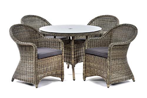 BrackenStyle Regent Rattan 4 Seat Dining Set - 100cm Round Garden Dining Table & 4 Arm Chairs Set - Luxury Patio Furniture - Tempered Glass Top with Parasol Hole